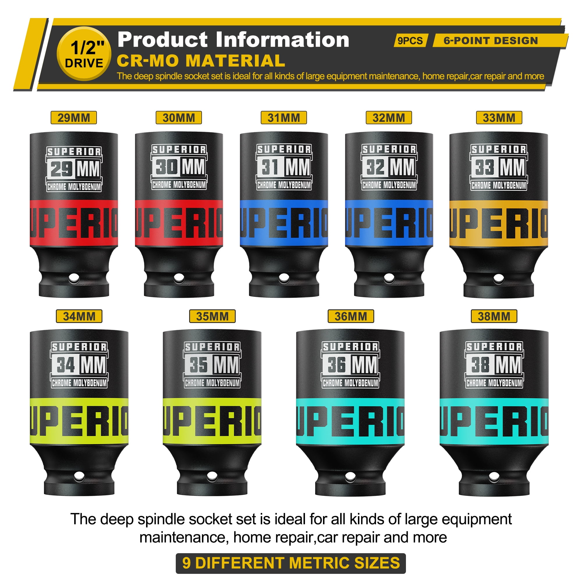 9 Piece 1/2” Drive Deep Axle Nut Impact Socket Set, Metric, 29mm-38mm