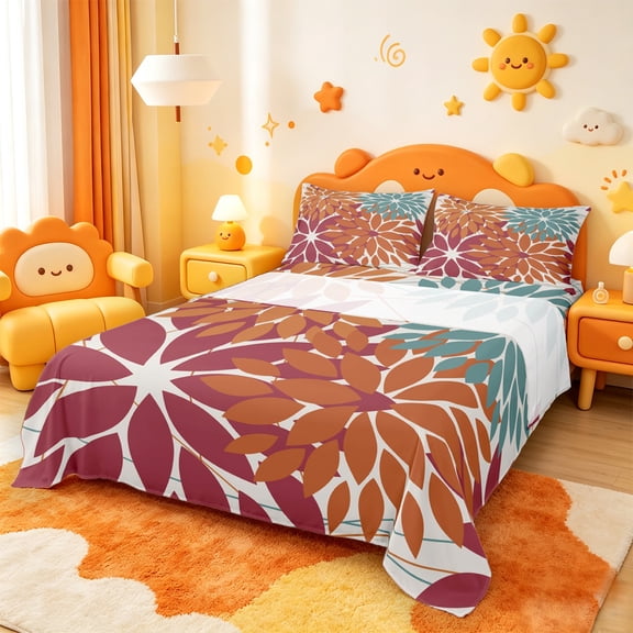 Manfei Flower Floral Bed Sheets Set Twin Size,Boho Dahlia Bedding Sets Twin Size,Red White Bed Sheets Twin,Ultra Soft Bedroom Decoration,3-Piece
