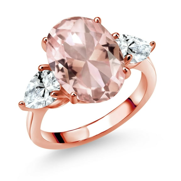 Gem Stone King 18K Rose Gold Plated Silver Peach Nano Morganite and White Created Sapphire Ring for Women (11.20 Cttw, 14X10MM Oval and 7X5MM Pear Shape, Size 7)