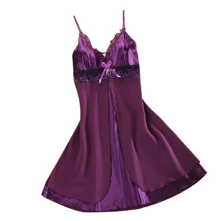 

Women Sexy Silk Lace Nightgowns Chiffon Summer Sleepwear-Size XL(Purple)