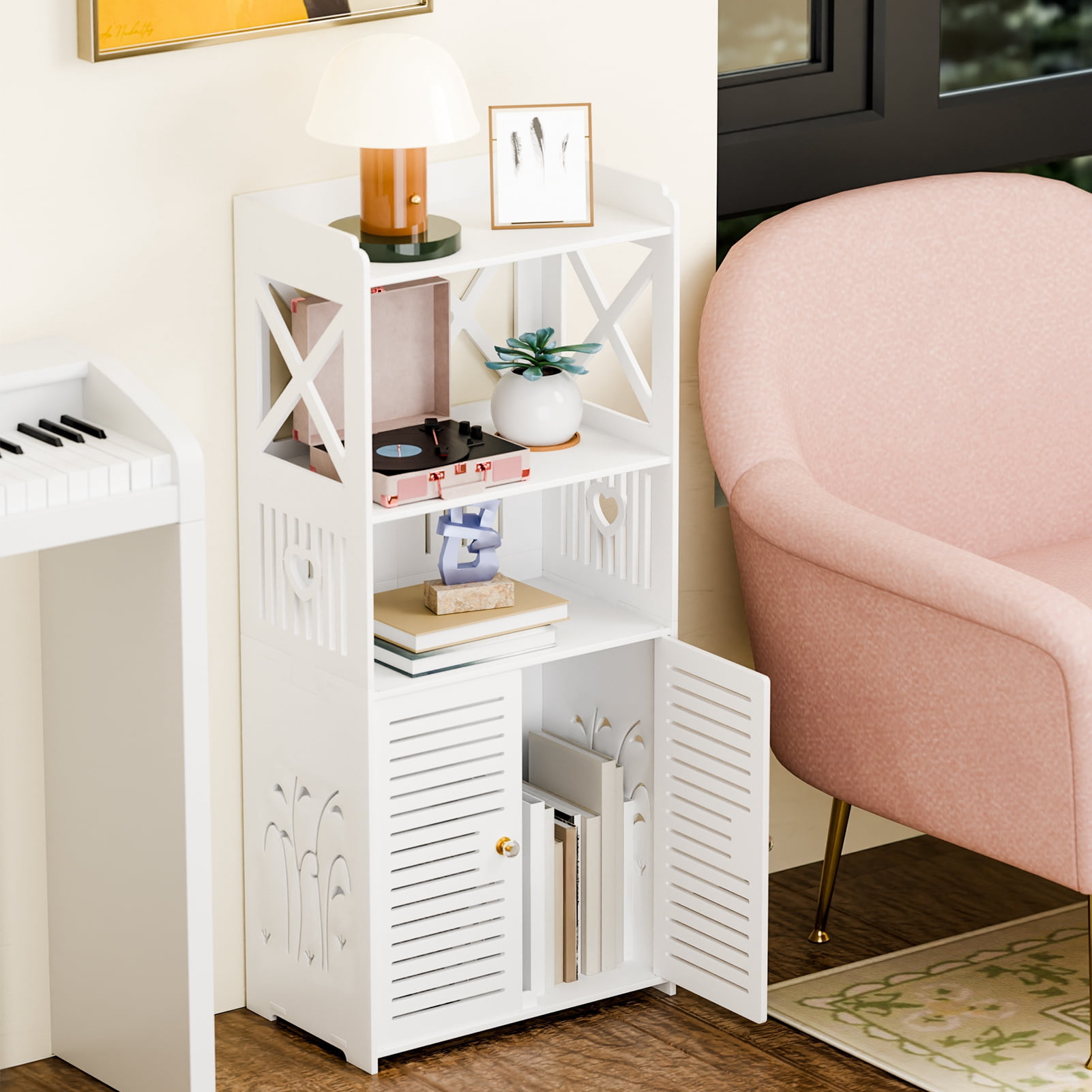 ziertyon Bathroom Storage Cabinet, Freestanding Bathroom Cabinet with Open Storage, Kitchen Pantry Cabinet with Doors, Bathroom Floor Cabinet with Door & Shelves (White)