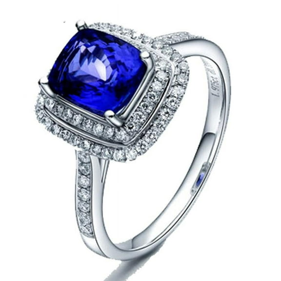 Vintage Look 2.05 Carat Blue Sapphire 7mm Cushion Cut And Diamond Moissanite Halo Engagement Ring in 10k White Gold for Women