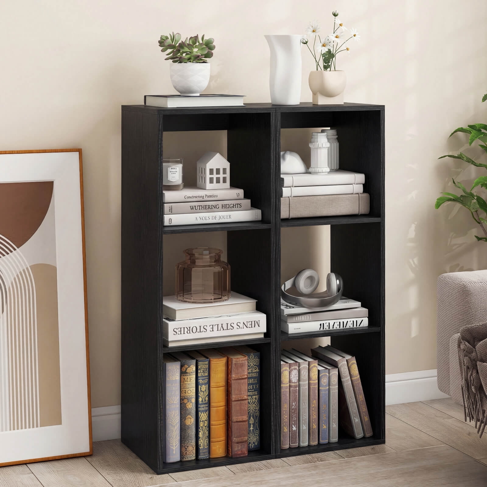 Costway 3-Cube Bookshelf, Modern Vertical Bookcase with Back Guardrail & Anti-tipping Kits Black