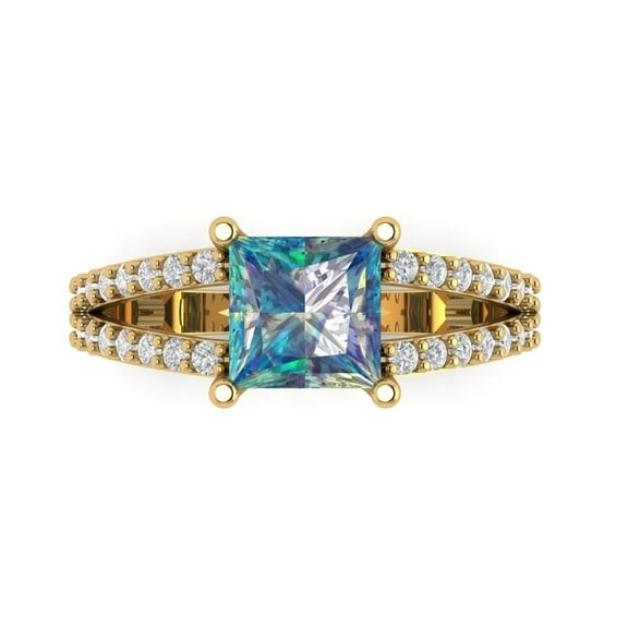 2.48ct Princess Cut Blue Moissanite 14k Yellow Gold Engraving Statement Bridal Wedding Designer Ring Size 7.5