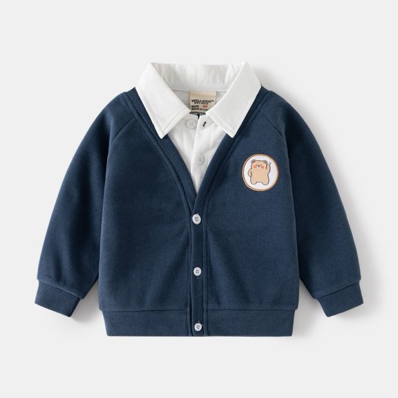 LYMAYTER 2-7Y Toddler Boys Little Kids Lapel Collar Lined Neck Sweatshirt Long Sleeve Preppy School Style Top