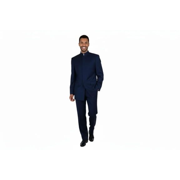 Men Apollo King Banded Collarless suit Mandarin 5 Hidden Button Panel AG52 Navy
