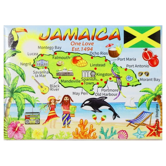 Jamaica Graphic Map and Attractions Souvenir Fridge Magnet 2.5" X 3.5"