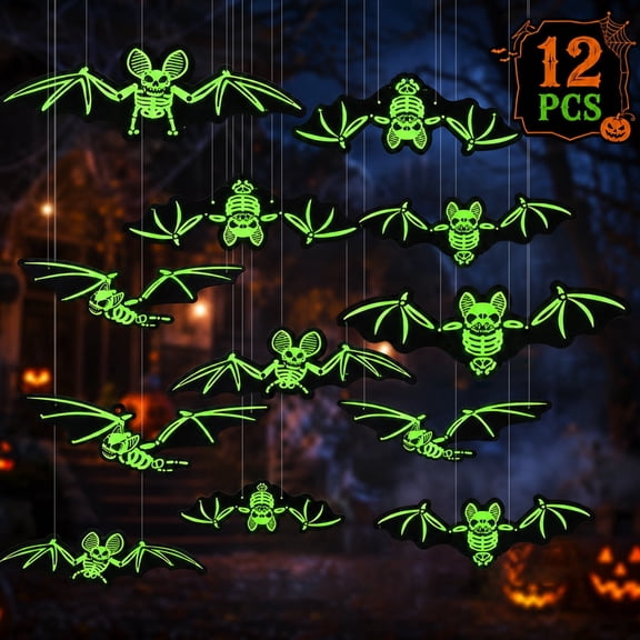 Halloween Decorations Bat 12PCS Large Glowing Skeleton Bats for Halloween Outdoor Tree Porch Yard Lawn Indoor Decor
