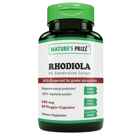 nature's prize rhodiola rosea 500mg 60 veggie capsules - non-gmo, soy free, gluten