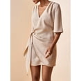 thumbnail image 3 of Brown Linen V-Neck Wrap Mini Dress With Side Tie, Casual Summer Style, 3 of 8