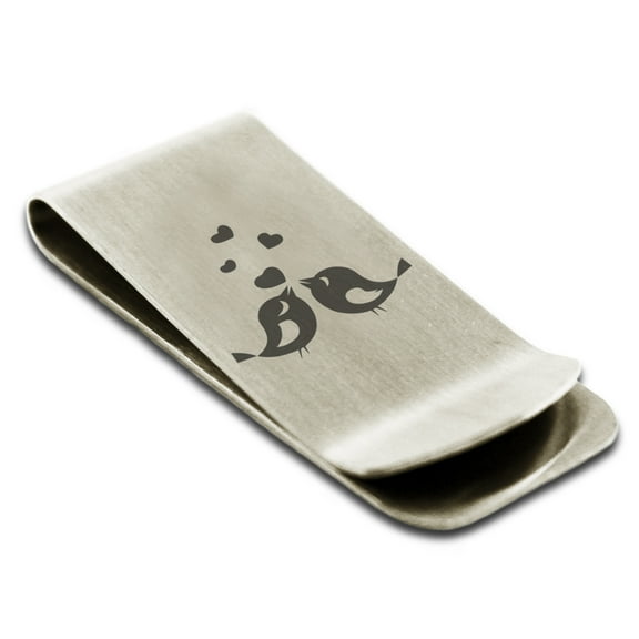 Stainless Steel Lovebirds Heart Engraved Money Clip Credit Card Holder