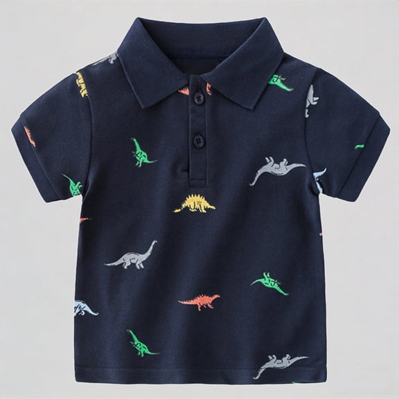 Daznico Toddler Boys Short Sleeve Polo Shirt Dinosaur Print Pique Knit Fabric Button Placket Soft Breathable for Casual Daily School Playwear,7-8 Years
