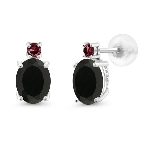 Gem Stone King 14k White Gold Black Onyx and Red Rhodolite Garnet Earrings for Women (2.68Cttw, GemstoneDecember Birthstone, Oval 8X6MM, Round 2.5MM)