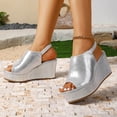 thumbnail image 3 of Rokment Women's Platform Wedge Gladiator Dressy Sandals Fashion Casual Metallic Leather Peep Toe Chunky High Heels Elastic Slingback Summer Shoes for Ladies Silver Size 6.5, 3 of 8