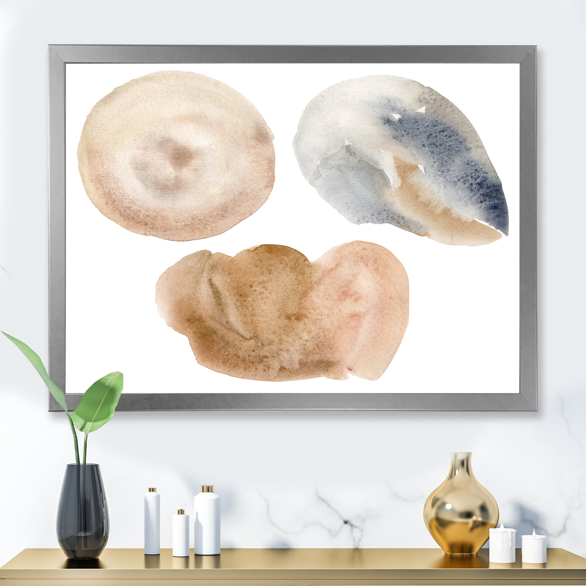 Designart 'Holiday Set With Abstract Beige and Blue Circle Spot' Modern Framed Art Print