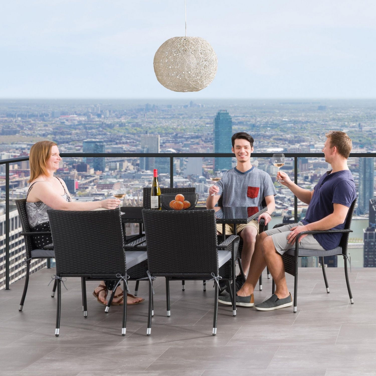 CorLiving Parksville 7-Piece Rectangle Resin Wicker Patio Dining Set- Stackable Chairs - Black Finish/Ash Grey Cushions