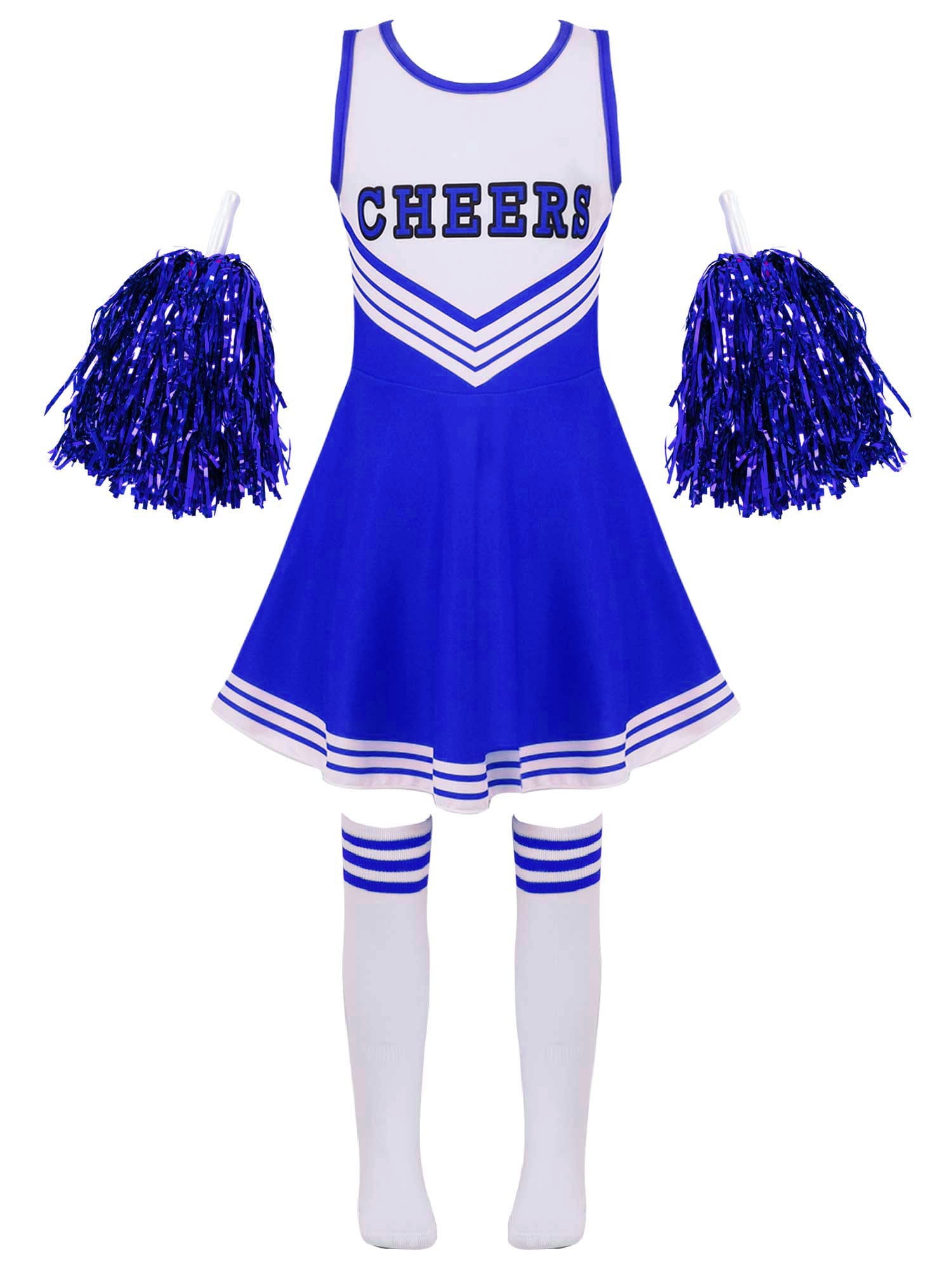 iiniim Kids Cheer leader Dress with Stockings Poms Cheerleading Uniform