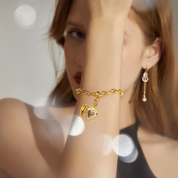 KeyStyle Bracelet for Women Rose Link Heart Charm Bracelets That Holds Picture Adjustable Link Chain Bracelet Jewelry Anniversary Gift for Wife Girlfriend