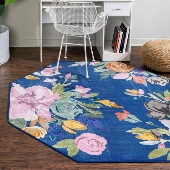 Unique Loom Blossom Collection Area Rug - Laura (6' Octagon Blue/Gold)
