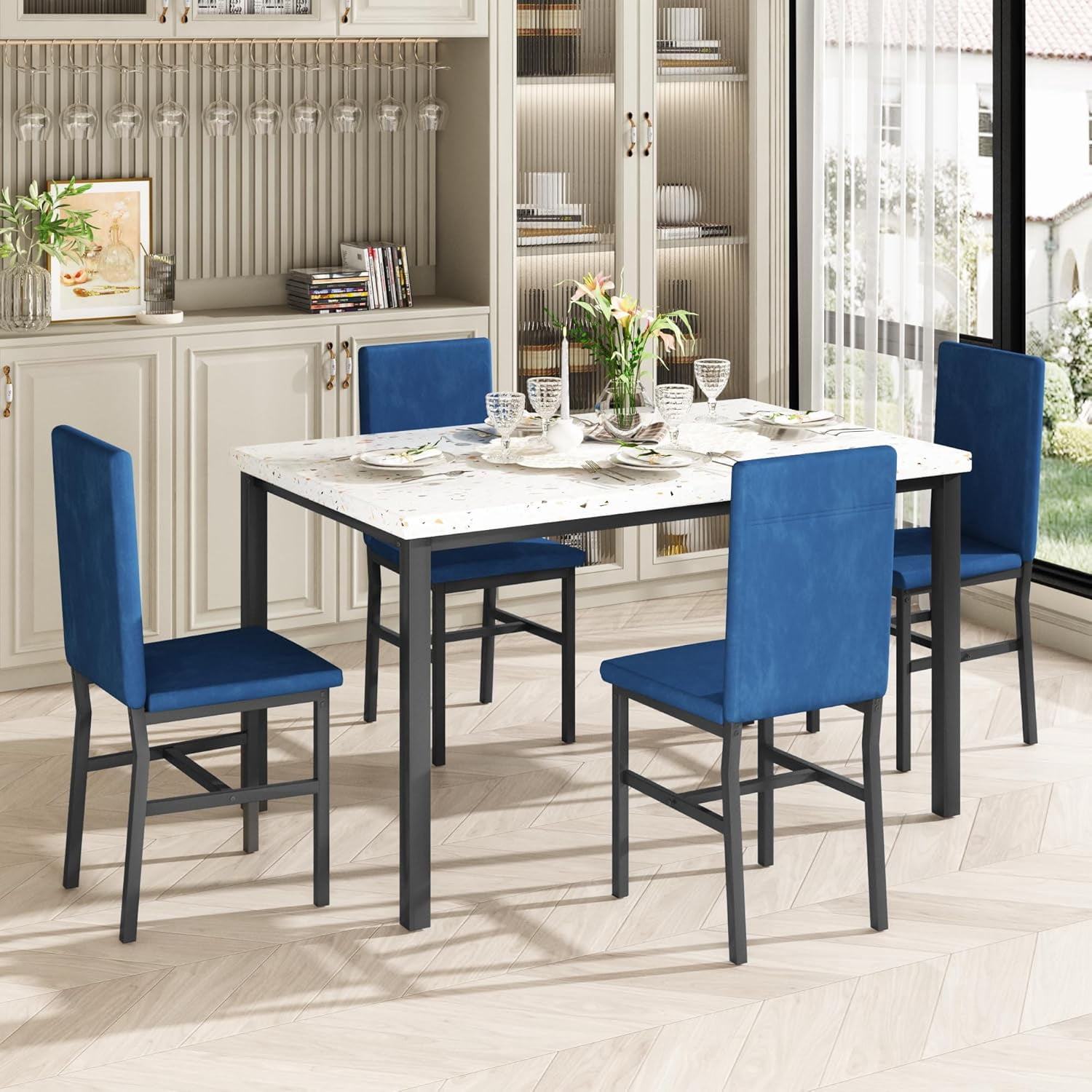 4-person dining table set, modern artificial marble dining table set, kitchen table and chair set of 4 pieces, with 4 PU leather chairs, suitable for small spaces, apartments, restaurants,Blue