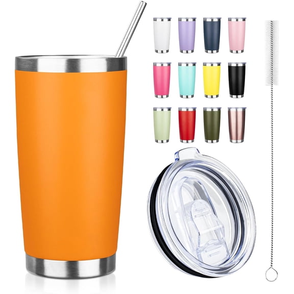 20oz Tumbler with Straw and Brush, Stainless Steel Vacuum Insulated tumbler, Double Wall Insulated Coffee Tumbler for Outdoor, Home, Travel,Office (orange,1pcs)