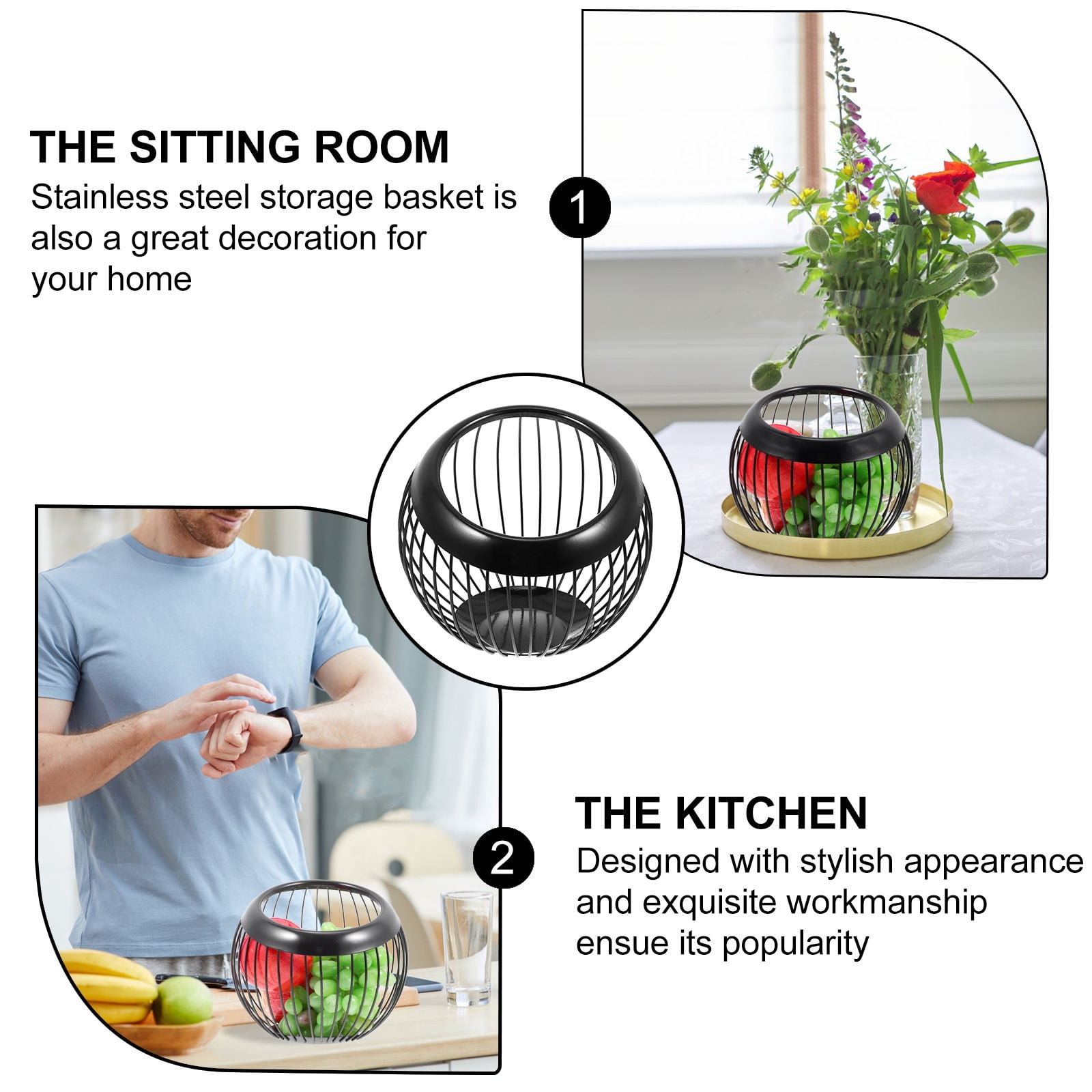 PAMINGONO Modern Black Stainless Steel Storage Basket for Kitchen Snacks, Household Organization and Sundries Storage