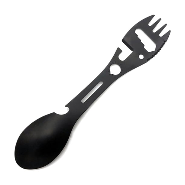 Advancent Conveniente vajilla multifuncional para acampar, juego de abridor de tenedor y cuchara, tenedor de fruta de acero inoxidable Sporks Kits de desorden para acampar negro
