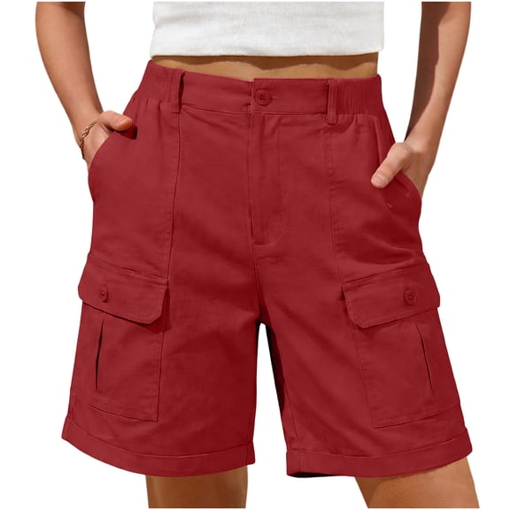 Fewfanhot Shorts for Women Cargo Trendy High Waisted Casual Summer Elastic Mid Thigh Solid Color Shorts