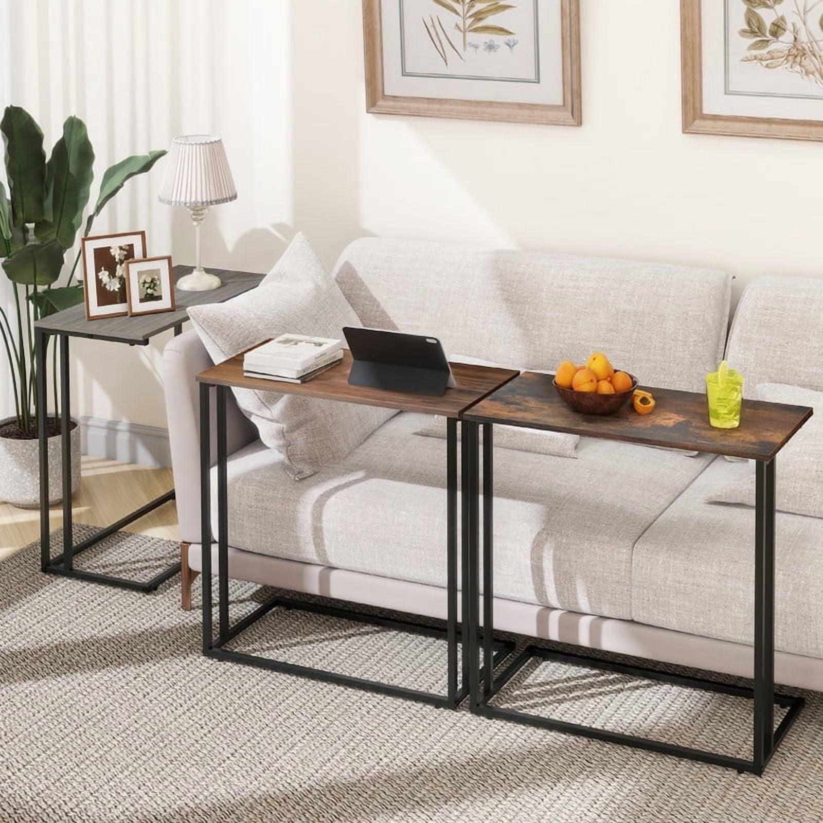 Krpimt C-Shaped End Table for Couch Sofa Side Table with Metal Frame for Bedroom, Living Room, 24.2"x 23.6"x 11.8"(HxWxD), Rustic Brown