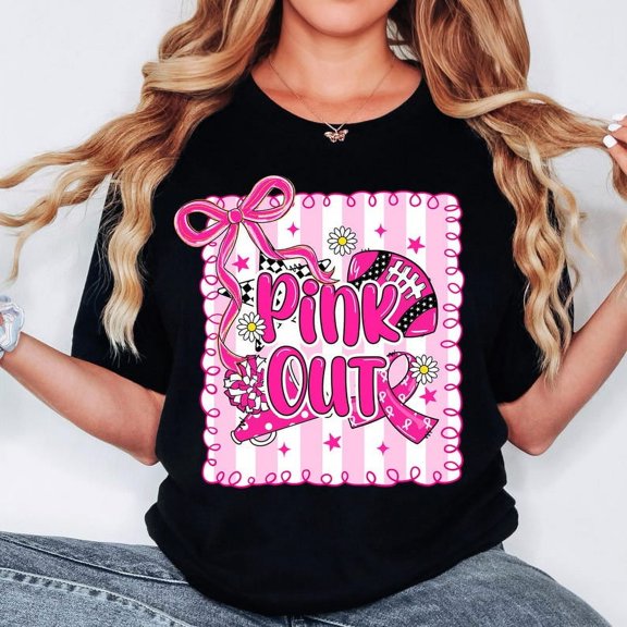 Pink Out Football T-Shirt, Breast Cancer Awareness Game Day Tee with Bow, Cute Coquette Cheer Shirt for Women, Retro Football Mom Outfit