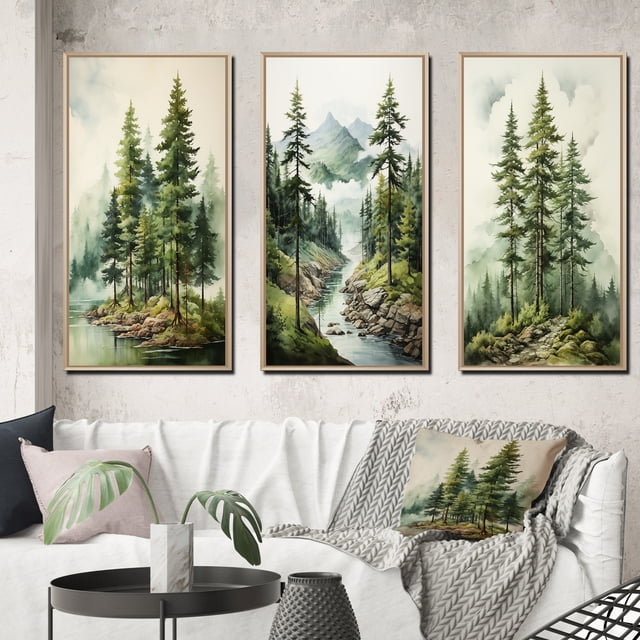 Designart "Green Pine Tree magic Guardians III" Floral Framed Wall Art Set Of 3 - Green Tree Pine Frame Canvas Set For Living Room Decor
