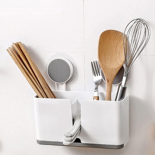 Soporte para utensilios de cocina sin taladro, estante para cubiertos con escurridor, organizadores de cestas para cubiertos montados en la pared para cucharas, cuchillos, tenedores. Afortunado Sencillez