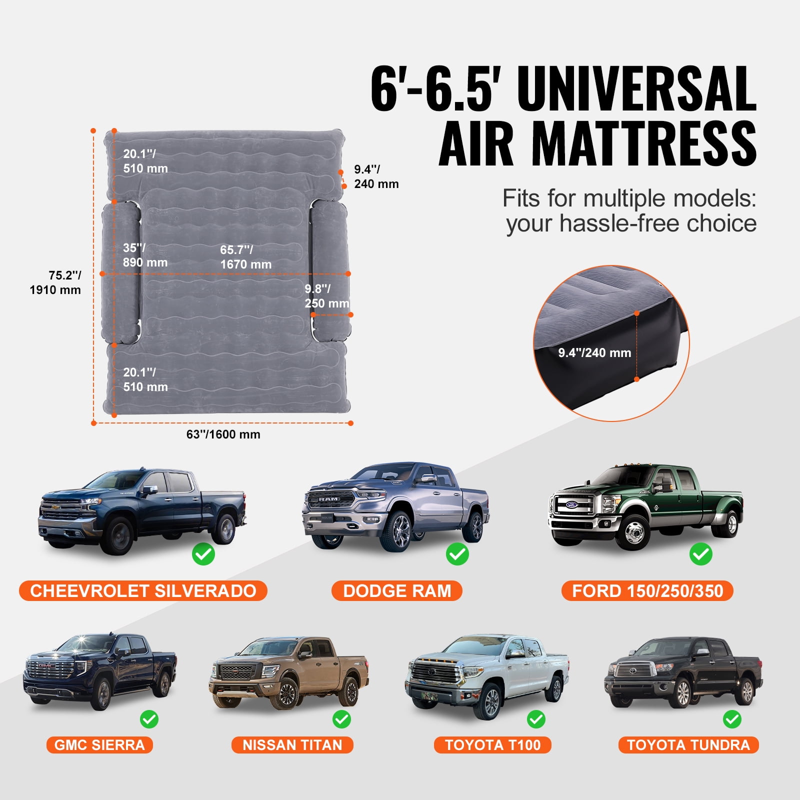 SKYSHALO Truck Bed Air Mattress 9.45 inches Waterproof Inflatable with 12V Pump, 6-6.5 ft