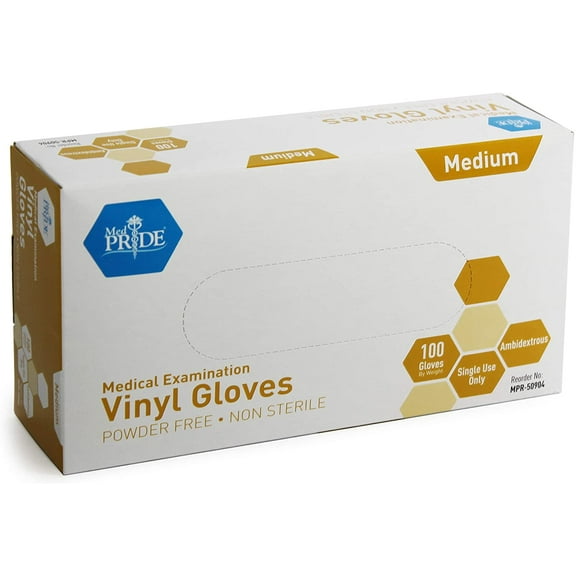 Med PRIDE Medical Vinyl Examination Gloves (Large, 100-Count) Latex Free Rubber | Disposable, Ultra-Strong, Clear | Fluid, Blood, Exam, Healthcare, Food Handling Use | No Powder