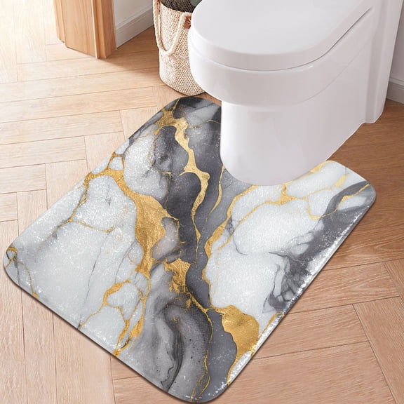Toilet Rug U-Shaped Bathroom Rugs Non-Slip Soft Plush Machine Washable Contour Bath Mat Gold White Ink Marble 24x20