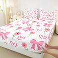 thumbnail image 3 of Feelyou Kawaii Cartoon Bow Twin Sheet Sets for Girl, Cute Princess Ribbon Twin Fitted Sheet, Pink Love Heart Flat Sheet, Microfiber Bedroom Decor, 3-Piece, 3 of 7