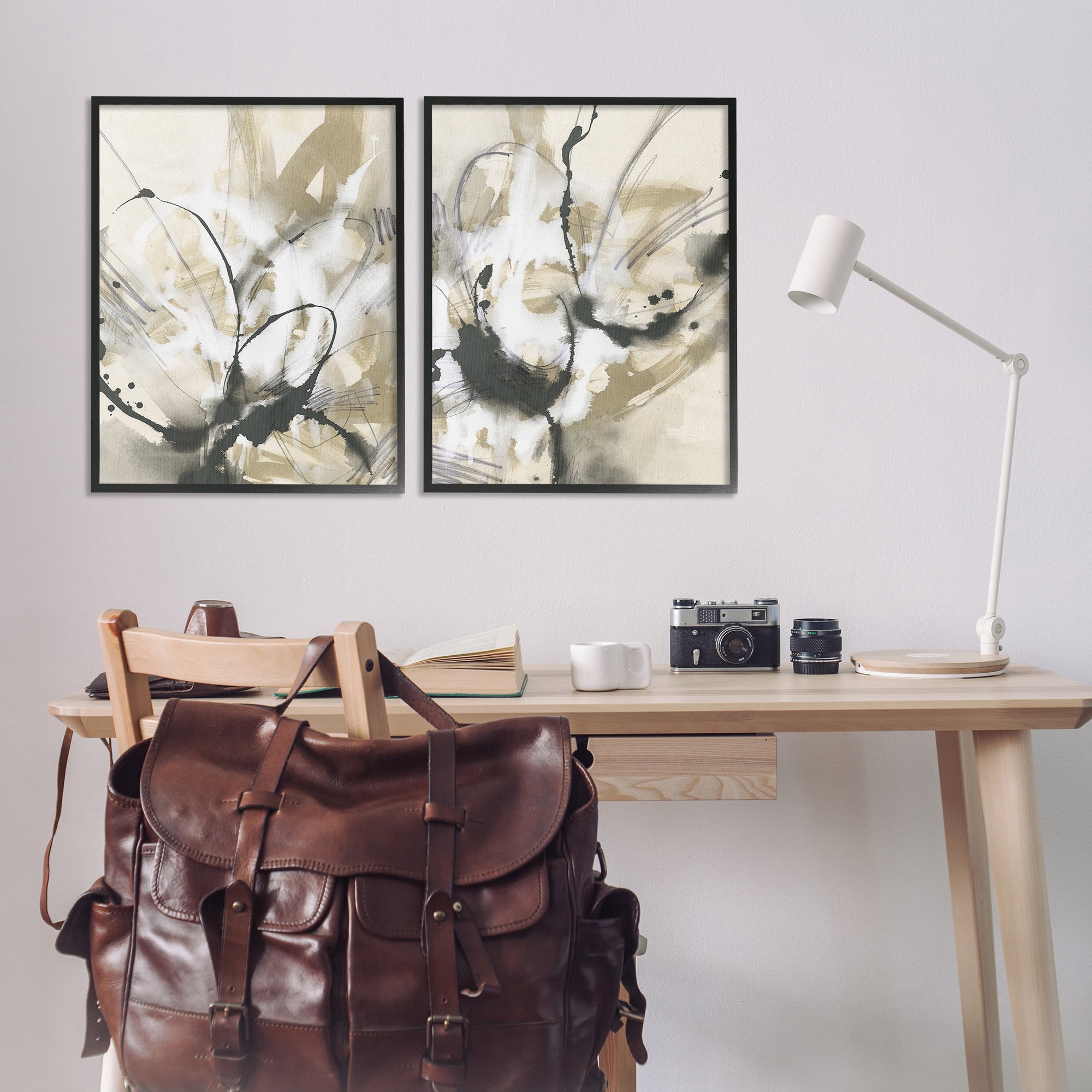 Stupell Industries Beige & Black Splatter Abstract Painting Black Framed Art Print Wall Art, 24 x 30, Set of 2