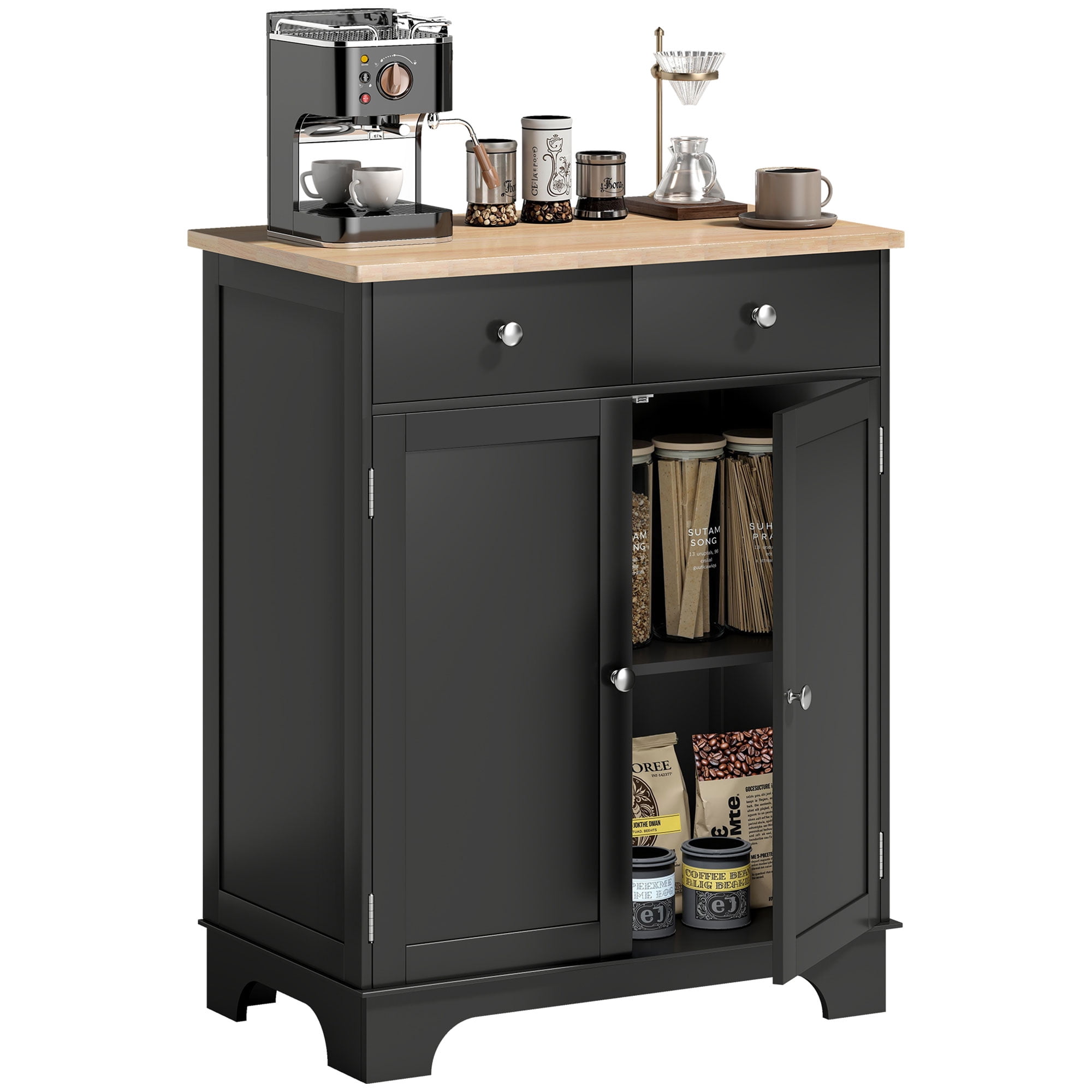 HOMCOM Kitchen Storage Cabinet, Sideboard Floor Cupboard with Solid Wood Top, Adjustable Shelf, and 2 Drawers for Living Room, Black