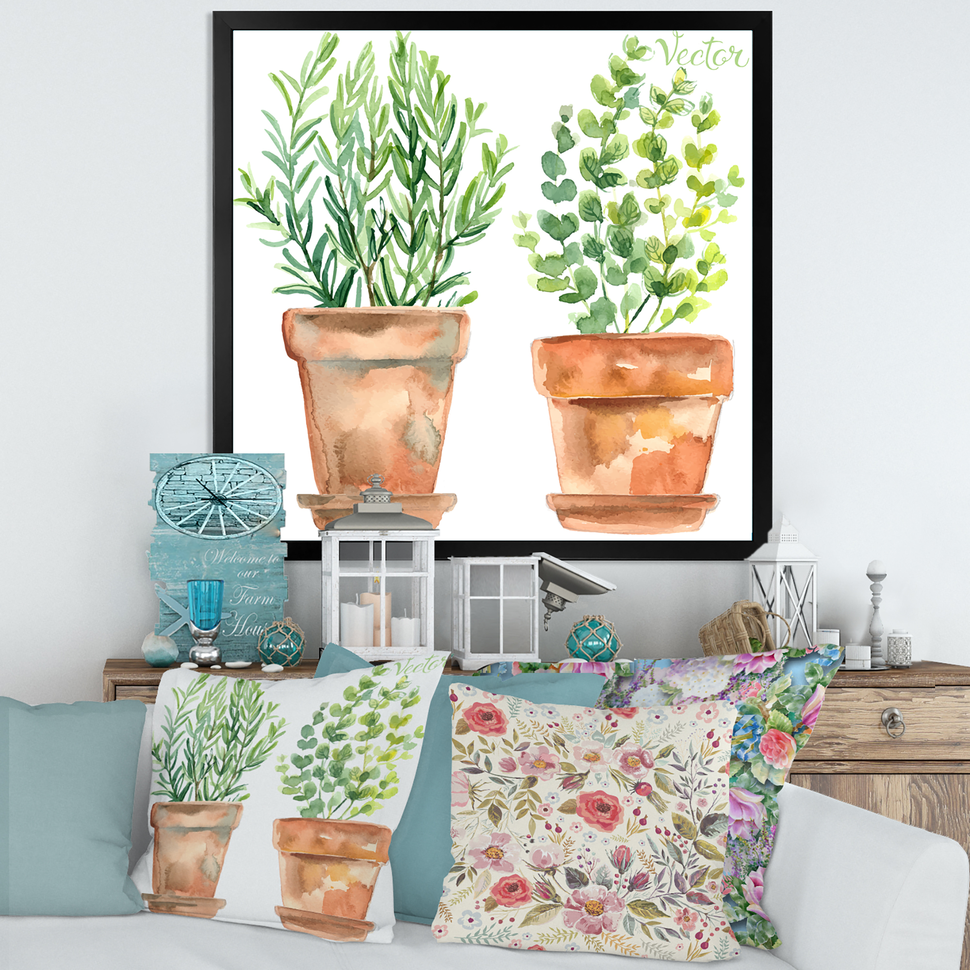 Designart 'Two Green House Plants In Orange Cly Pots' Traditional Framed Art Print