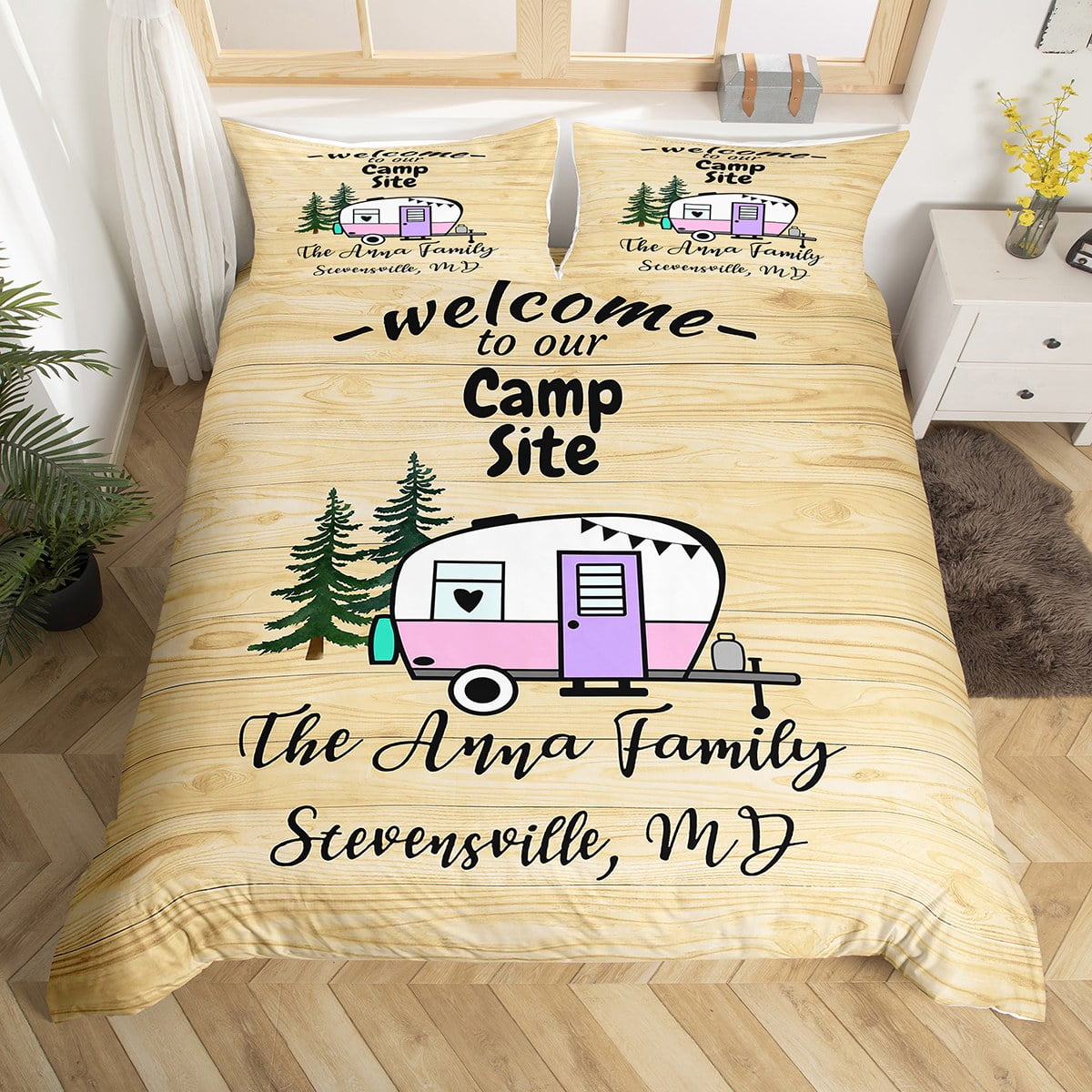 Girls Camper Duvet Cover Full Size Happy Camping Comforter Cover for