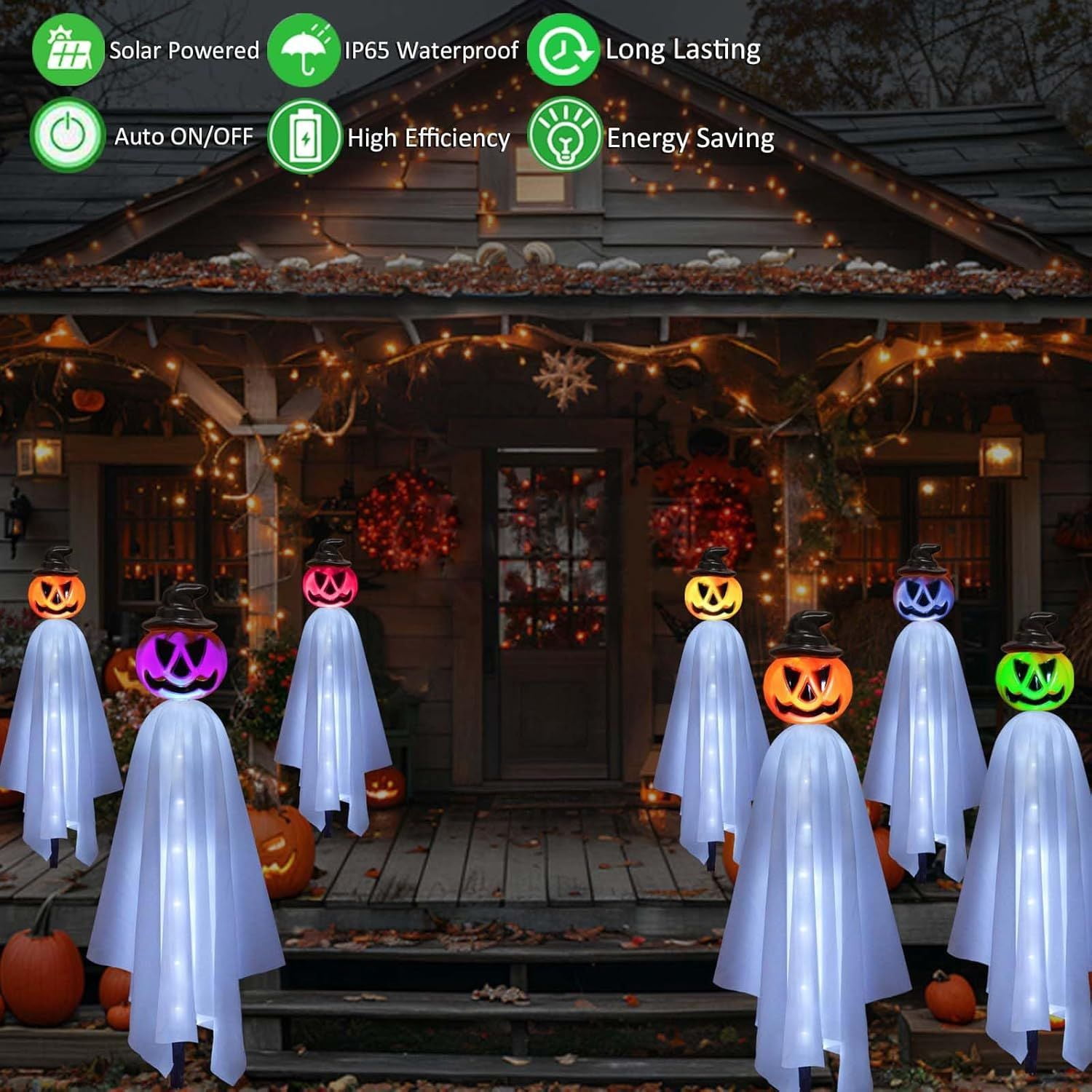 Solar Powered Pumpkin Ghost Lights for Halloween Outdoor Yard Decor