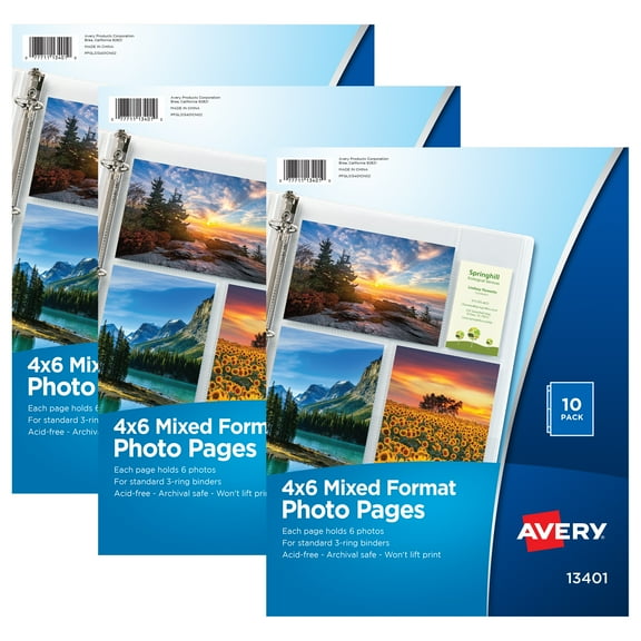 Avery Clear Mixed Format Photo Pages for 3 Ring Binder, Acid Free, Holds 4" x 6" Photos, 10 per Pack, 3 Packs, 30 Photo Protectors Total (01670)