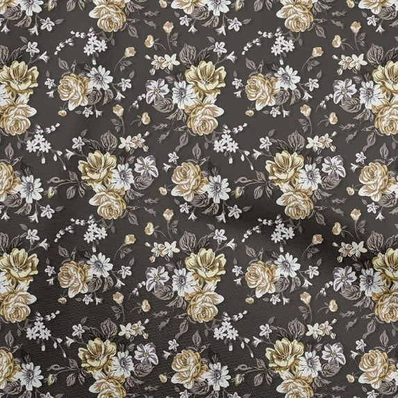 oneOone Polyester Spandex Brown Fabric Floral Retro Craft Projects Decor Fabric Printed By The Yard 56 Inch Wide