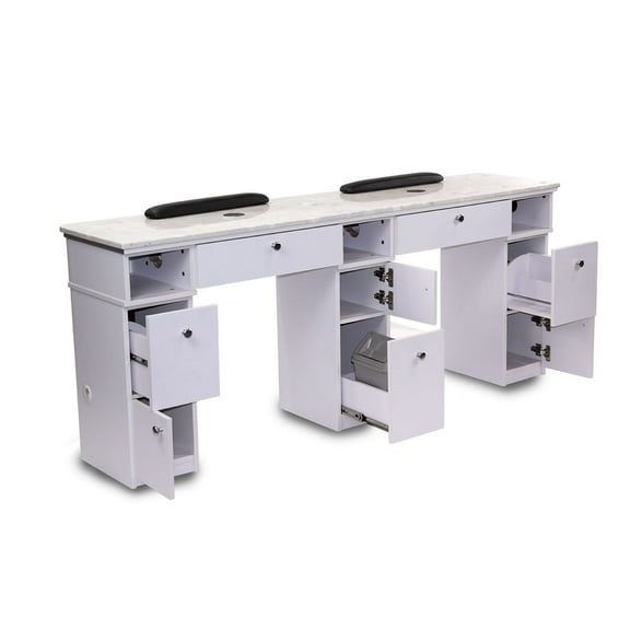 MAYAKOBA Sonoma Double Manicure Table (With Vent Pipes) Nail Station for Beauty Salon Furniture & Equipment, Marble Top, Modern White/Silver