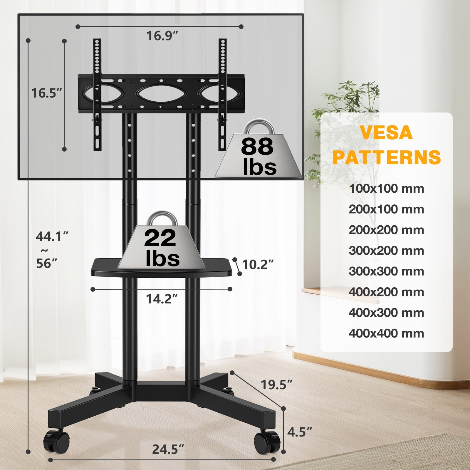 RTVR Modern Rolling TV Cart Stand on Wheels for TVs up to 75 inch, Swivel Mount Mobile Stand Base Black Shelf w/ Power Outlet