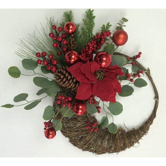 Gourd Shape With Pine Cones Greens Red Balls Berries And Poinsettia Wreath