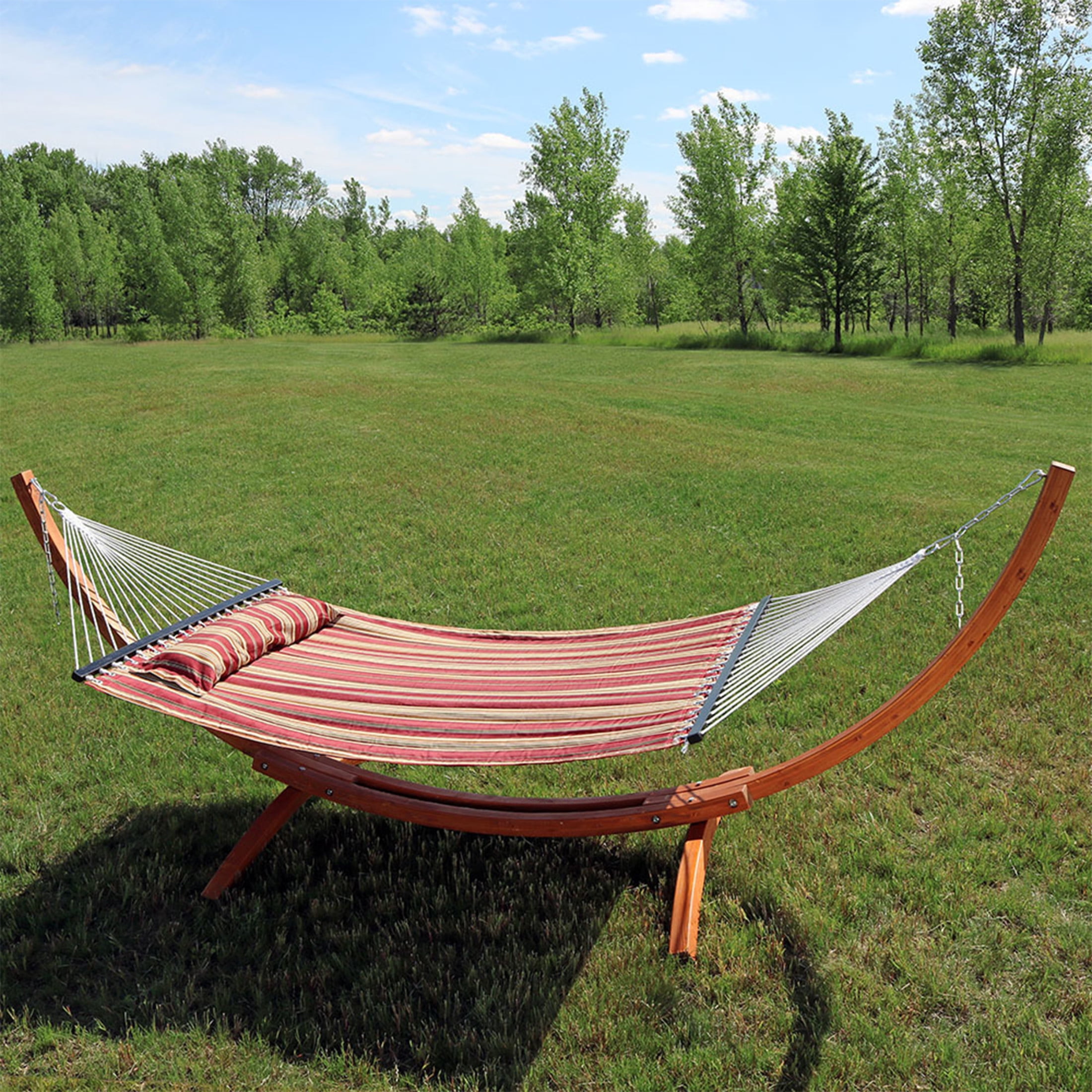Sunnydaze 2-Person Quilted Polyester Spreader Bar Hammock with Stand, 400 lb Capacity - Red Stripe