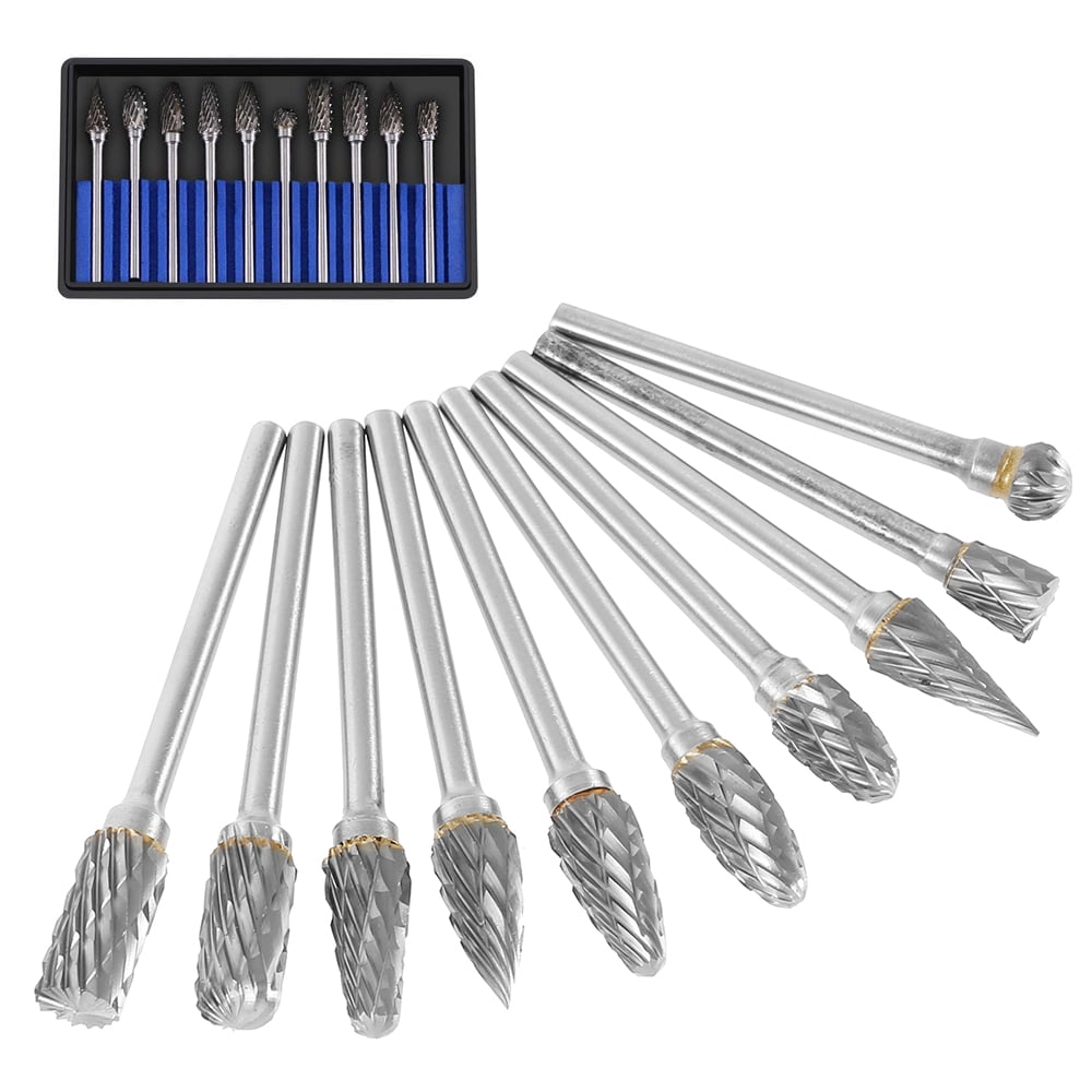 Atoplee 10pcs 1/8 Inch Shank Tungsten Steel Solid Carbide Rotary Files Diamond Burrs Set Fits Rotary Tool Fits Woodworking Drilling Carving Engraving 