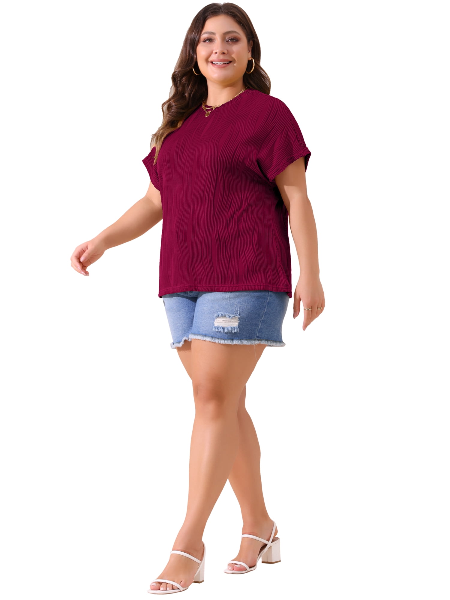 Women's Plus Women's Short Sleeve Textured Tops Crewneck Casual T Shirts 1X Burgundy