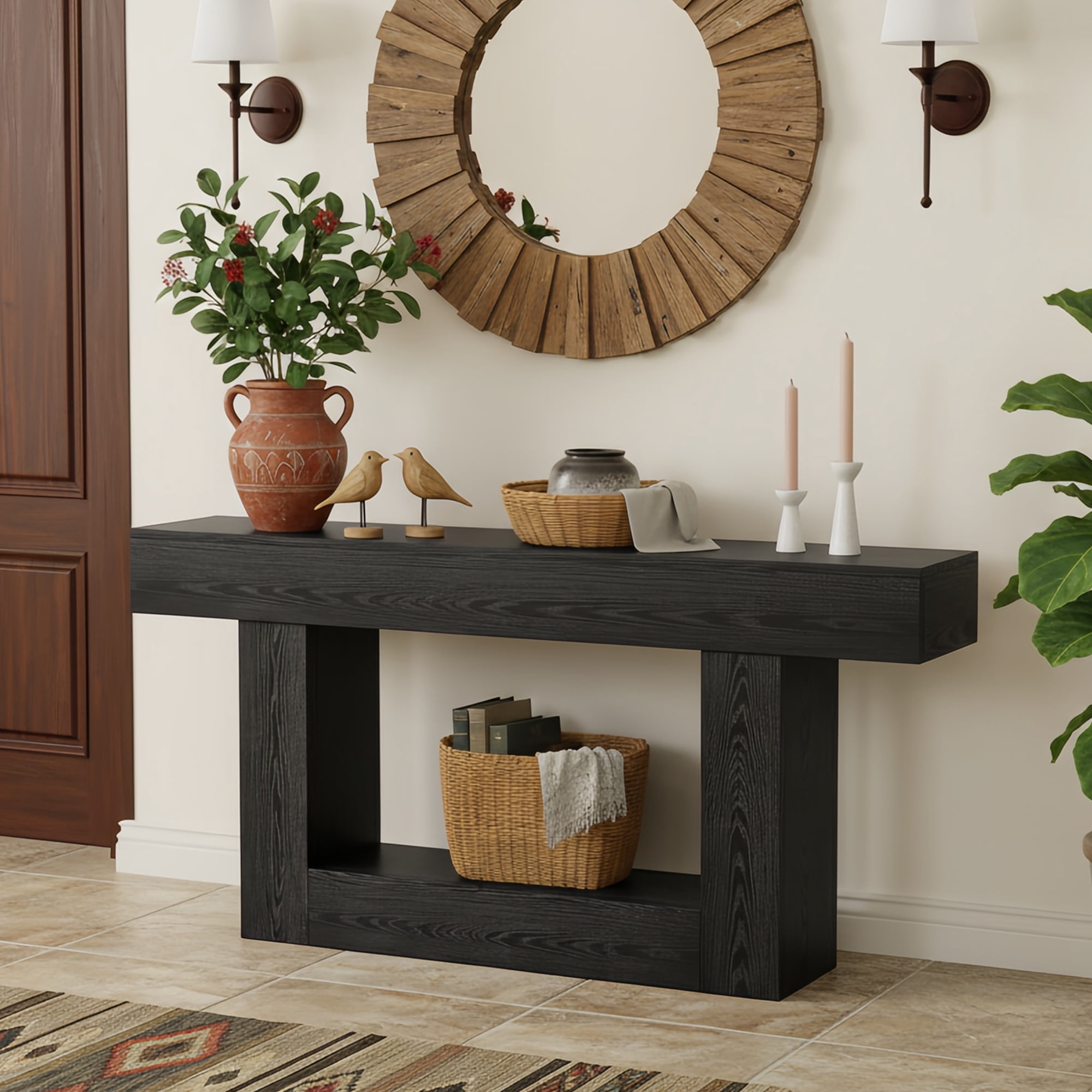 63" Farmhouse 2-Tier Console Table, U-Shaped Base Entryway Table, Narrow Wood Sofa Table Behind Couch for Living Room & Hallway (Black)